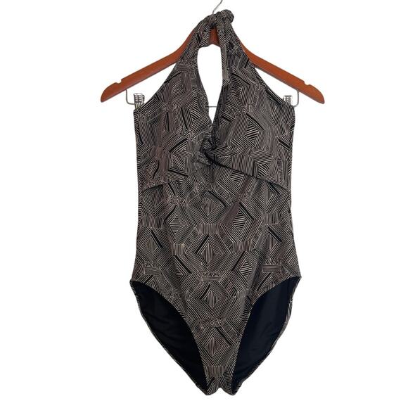 Garnet Hill Womens Geometric Print Halter Neck One Piece Swimsuit Sz 8 Black Tan - Picture 1 of 6